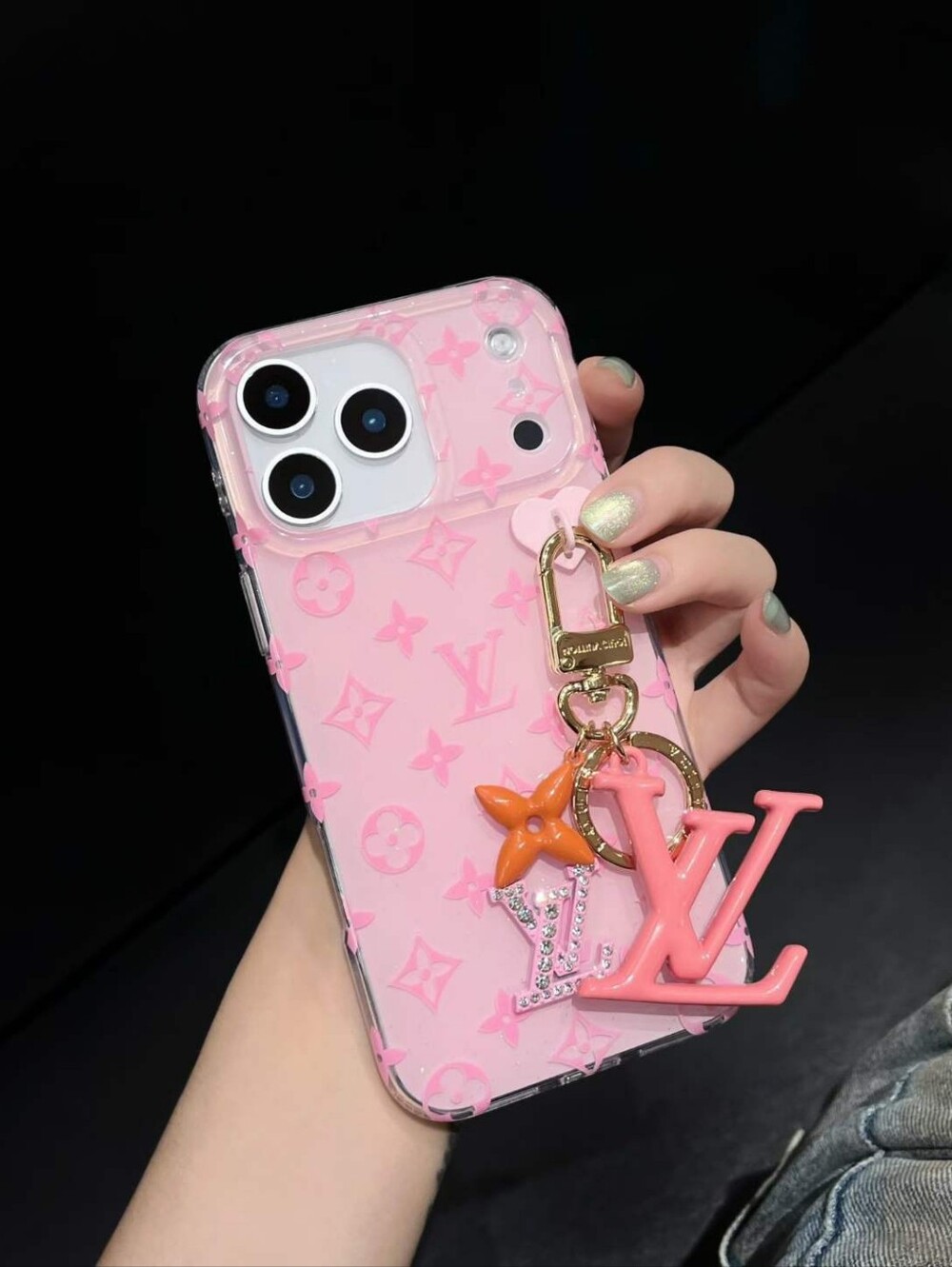 17 Pro Max Pink Phone Case with Charm Accents